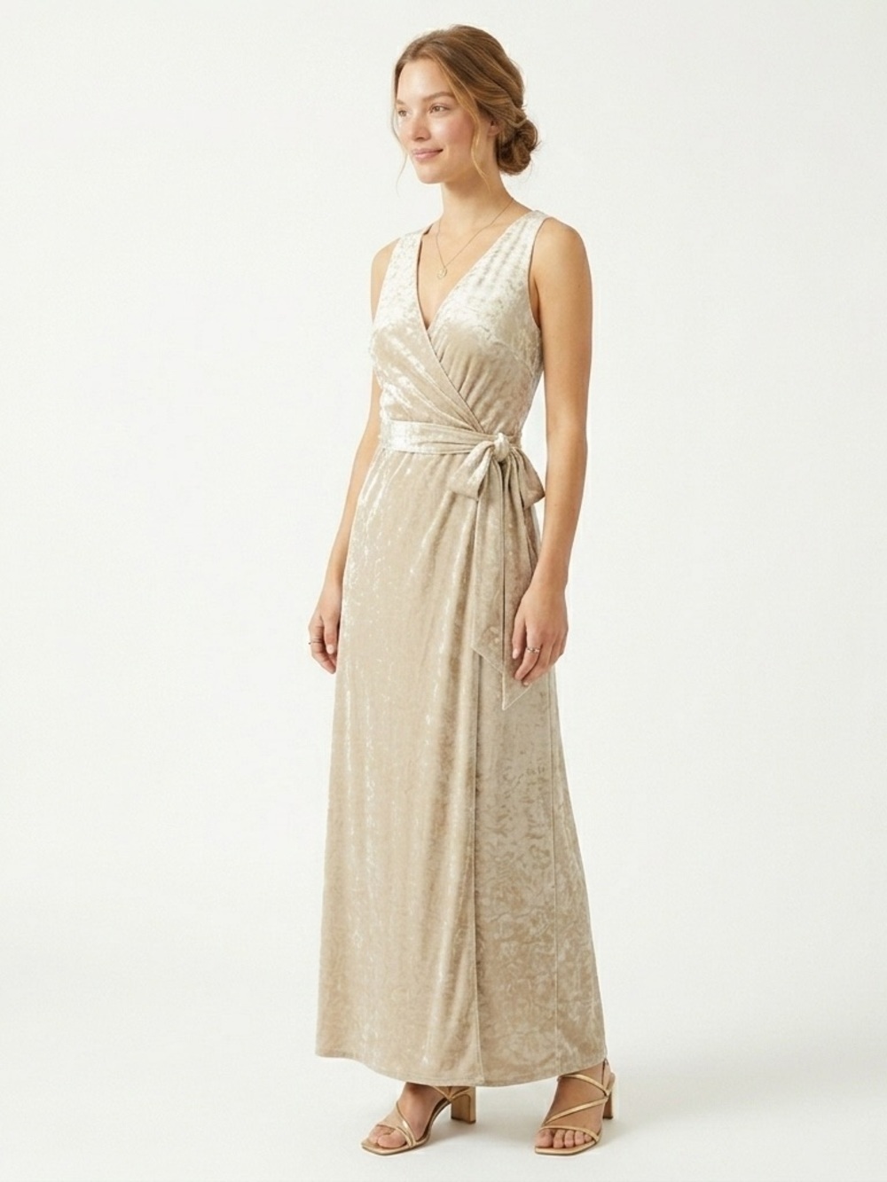 Lauren Ralph Lauren Metallic Faux Wrap Gown 12 Gold Champagne
